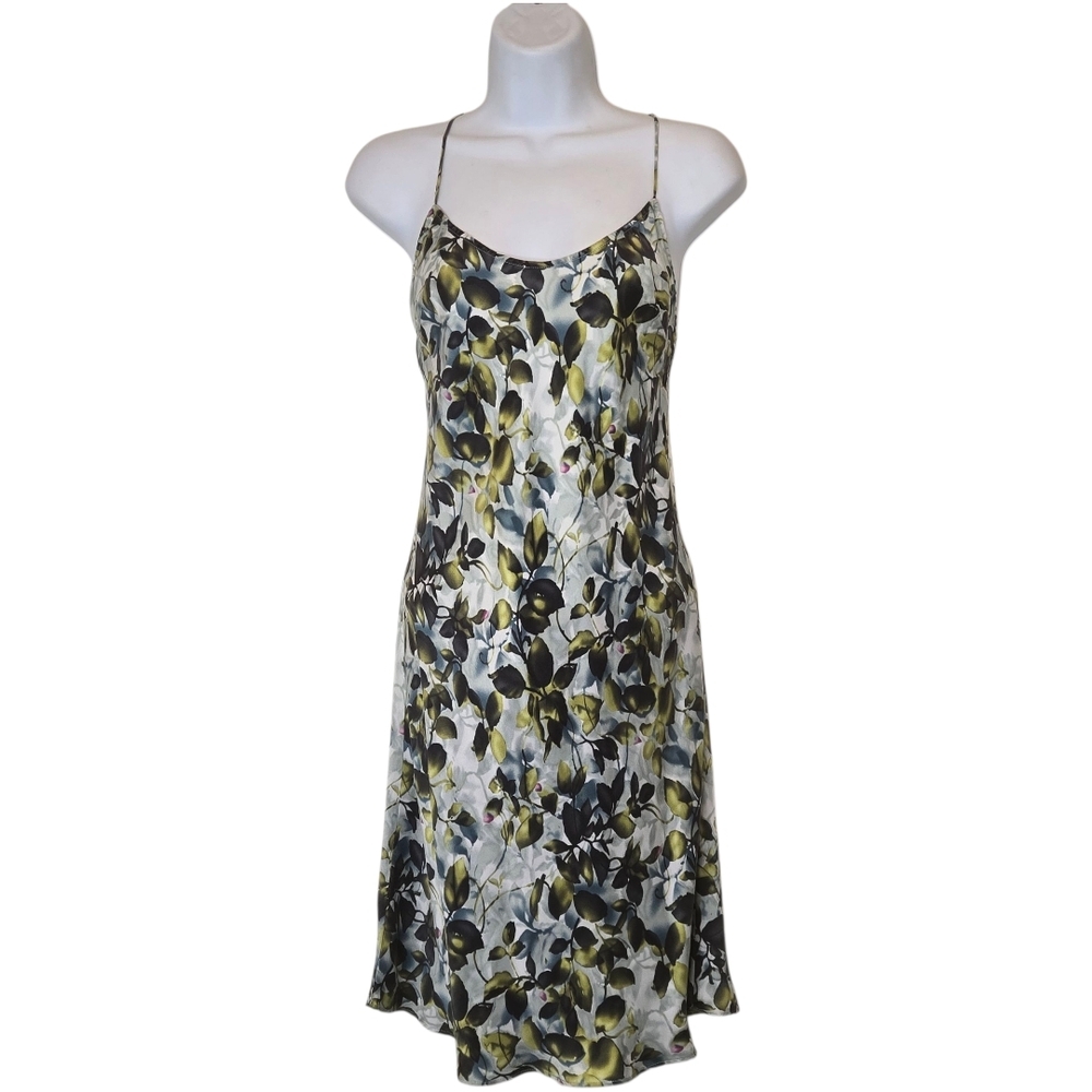 Y2K Victoria's Secret Silk Slip Dess Blue Green Leaf Print Sz Small